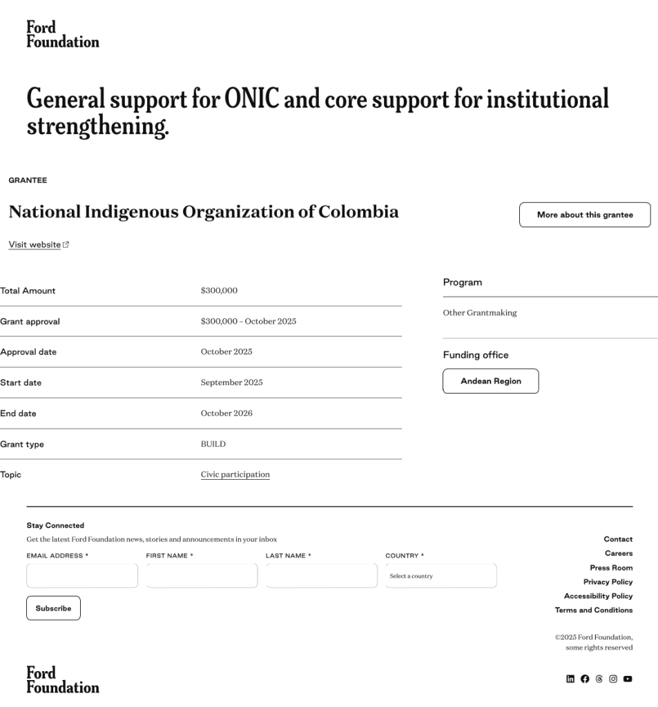 Apoyo económico dado a la Organización Nacional Indígena de Colombia (ONIC) por la Ford Foundation.